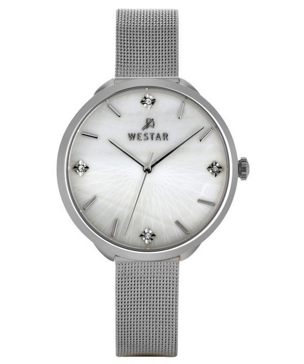 Reloj para mujer Westar Zing Crystal Accents de malla de acero inoxidable con esfera de nácar blanco y cuarzo 00128STN11