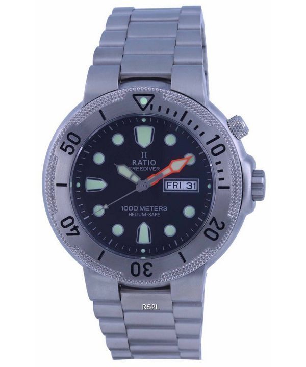 Ratio FreeDiver Reloj para hombre con esfera negra y acero inoxidable de cuarzo 1050MD93-02V-BLK 1000M