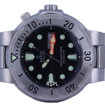 Ratio FreeDiver Reloj para hombre con esfera negra y acero inoxidable de cuarzo 1050MD93-02V-BLK 1000M