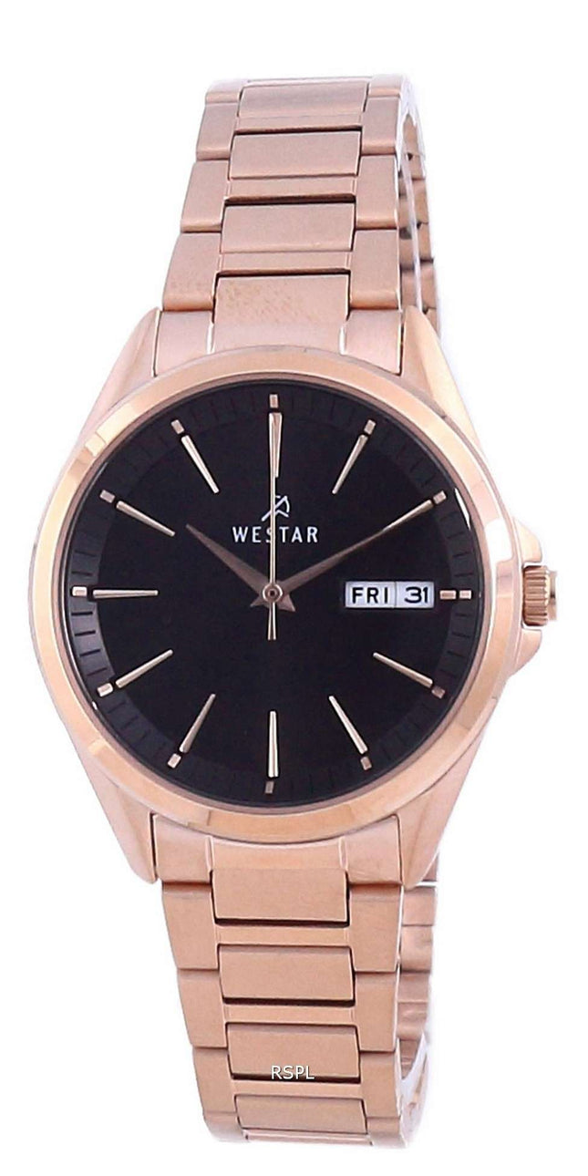 Westar, esfera negra, tono dorado rosa, acero inoxidable, cuarzo 40212 PPN 603, reloj para mujer