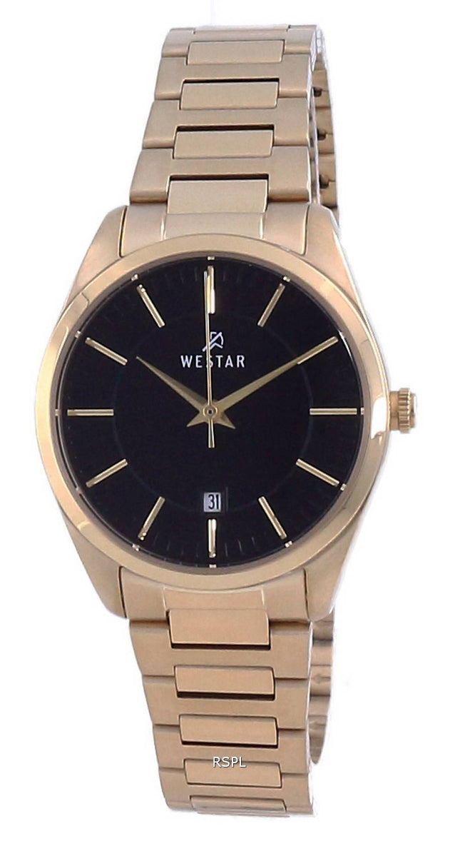 Westar, esfera negra, tono dorado, acero inoxidable, cuarzo 40213 GPN 103, reloj para mujer