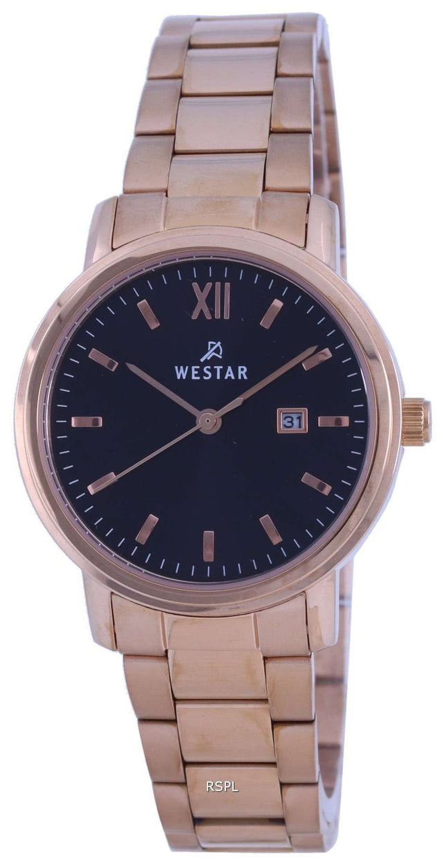 Westar, esfera negra, tono dorado rosa, acero inoxidable, cuarzo 40245 PPN 603, reloj para mujer