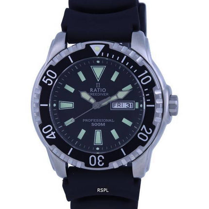 Ratio FreeDiver Esfera negra PU Correa Cuarzo 48HA90-12-BLK 500M Reloj para hombre