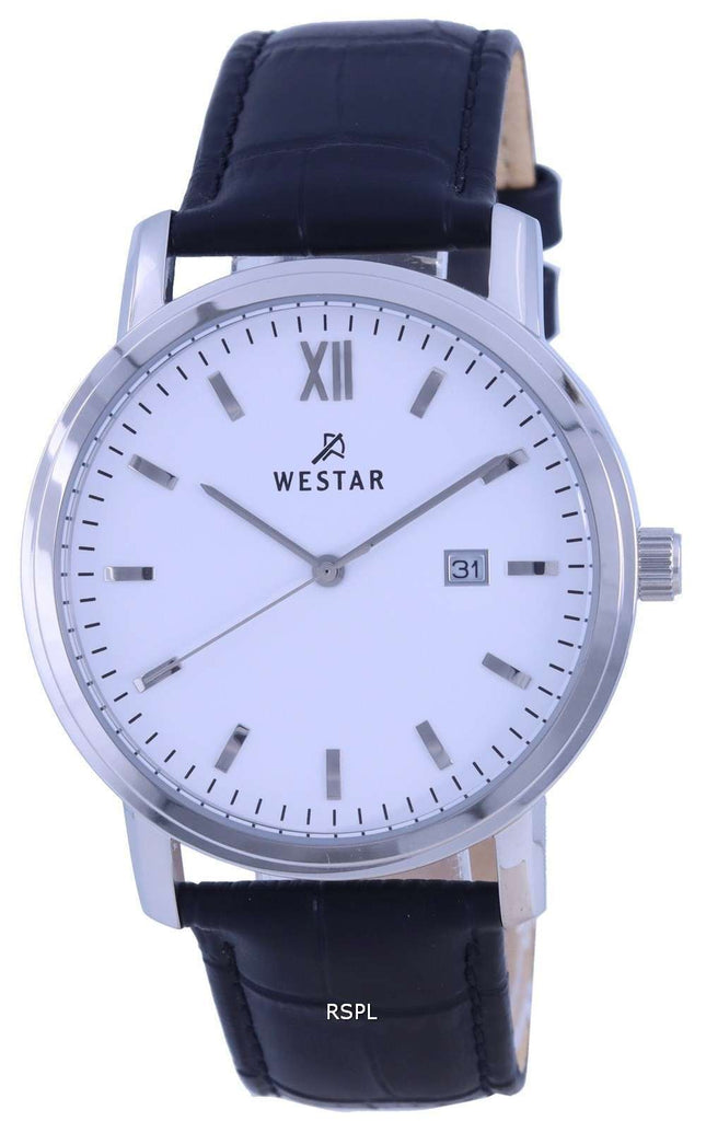 Westar, esfera blanca, correa de cuero, cuarzo, 50244 STN 101, reloj para hombre