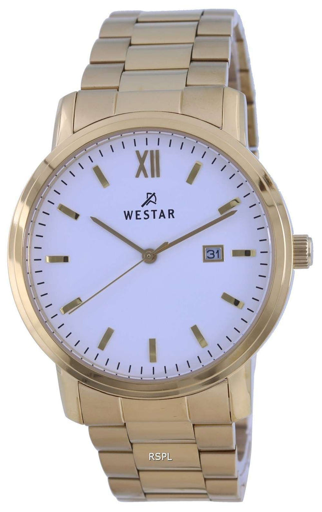 Westar, esfera blanca, tono dorado, acero inoxidable, cuarzo 50245 GPN 101, reloj para hombre