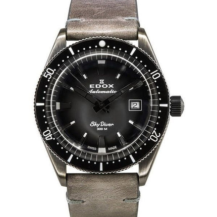 Reloj de buceo automático Edox Skydiver de edición limitada con correa de cuero y esfera gris 80126 3VIN GDN 300M para hombre