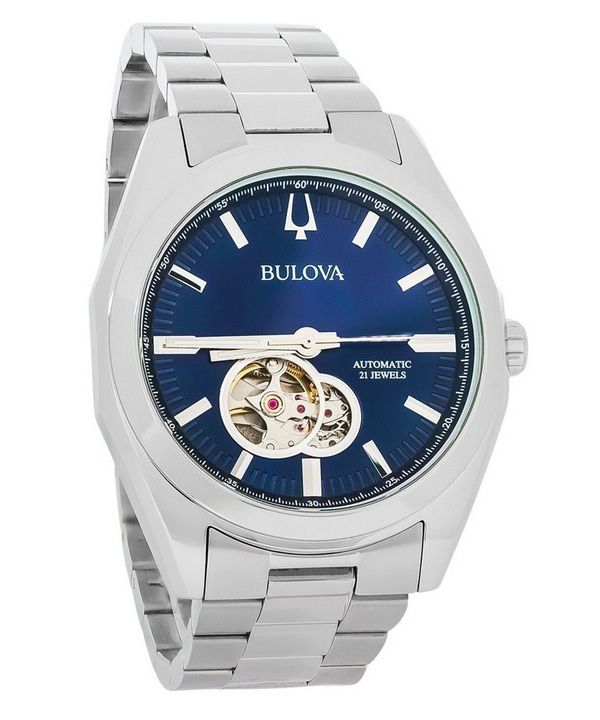 Reloj para hombre Bulova Classic Surveyor de acero inoxidable con esfera de corazón abierto azul automático 96A275