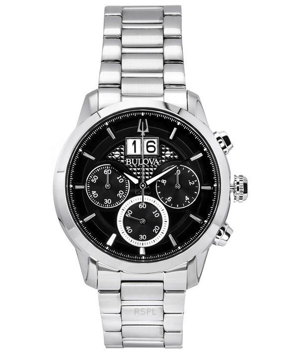 Reloj de cuarzo Bulova Sutton Big Date Chronograph de acero inoxidable con esfera negra 96B319 para hombre