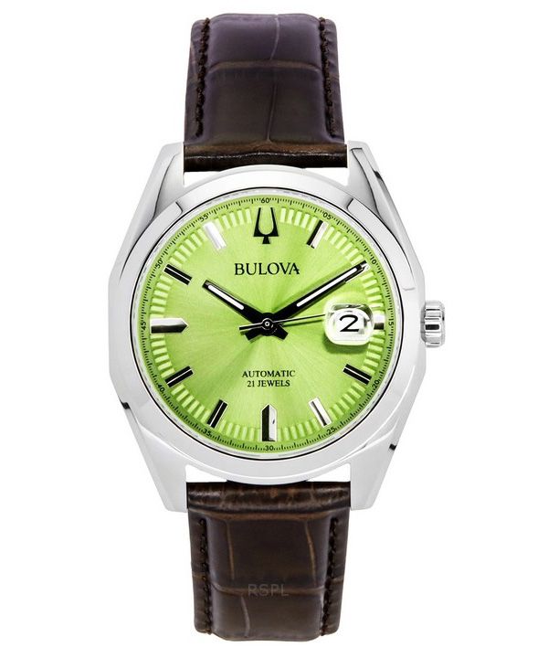 Reloj Bulova Surveyor con correa de cuero y esfera verde automático 96B427 para hombre