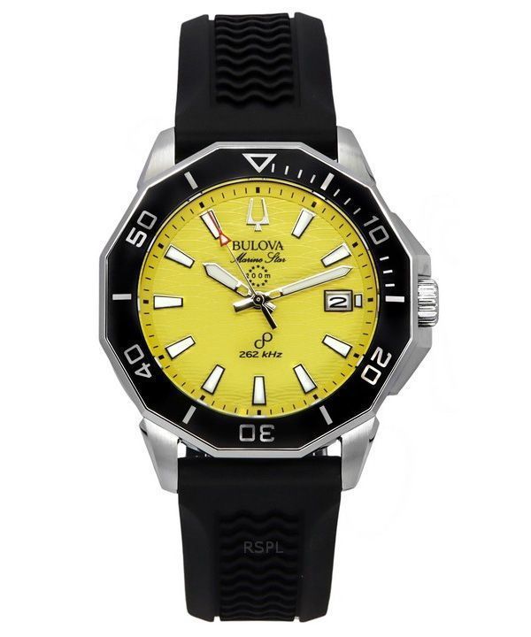 Bulova Marine Star Correa de silicona negra Esfera amarilla Reloj de cuarzo Precisionist Diver's 200M 96B431 para hombre