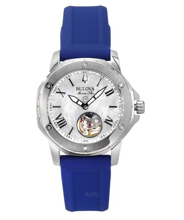 Reloj Bulova Marine Star con correa de silicona y esfera de nácar automático 96L324 100M para mujer