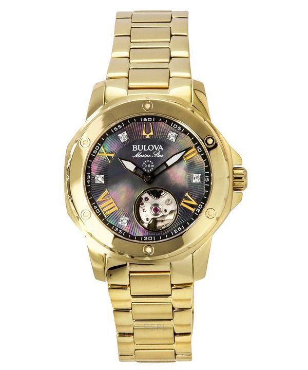 Reloj para mujer Bulova Marine Star en tono dorado, acero inoxidable, esfera de nácar negro, automático 97P171 100M