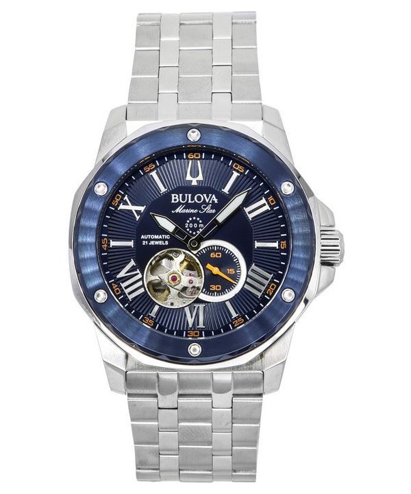 Reloj Bulova Marine Star de acero inoxidable con corazón abierto, esfera azul, automático, 21 joyas, 98A302, 200M, para hombre