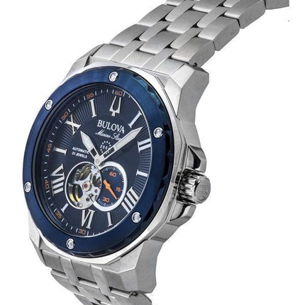 Reloj Bulova Marine Star de acero inoxidable con corazón abierto, esfera azul, automático, 21 joyas, 98A302, 200M, para hombre