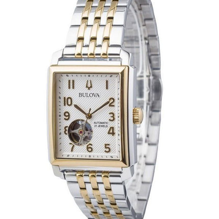 Reloj para hombre Bulova Sutton de acero inoxidable en dos tonos con corazón abierto y esfera plateada automático 98A308