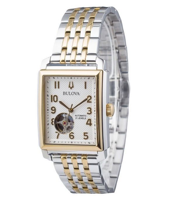 Reloj para hombre Bulova Sutton de acero inoxidable en dos tonos con corazón abierto y esfera plateada automático 98A308