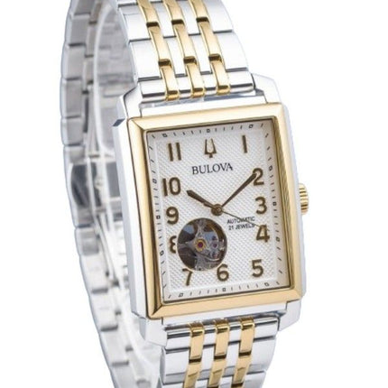 Reloj para hombre Bulova Sutton de acero inoxidable en dos tonos con corazón abierto y esfera plateada automático 98A308