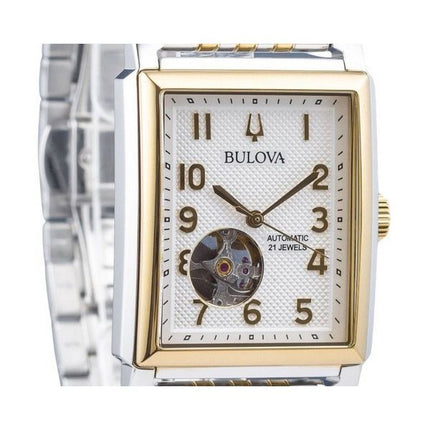 Reloj para hombre Bulova Sutton de acero inoxidable en dos tonos con corazón abierto y esfera plateada automático 98A308