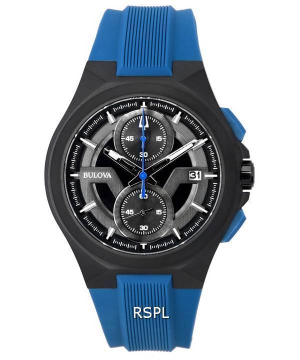 Bulova Maquina Cronógrafo Esfera negra Correa azul Cuarzo 98B380 100M Reloj para hombre