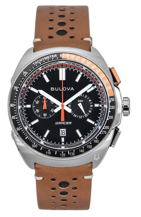 Reloj cronógrafo Bulova Racer con correa de cuero y esfera negra de cuarzo 98B427 100M para hombre