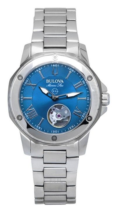 Reloj automático Bulova Marine Star de acero inoxidable con esfera azul y corazón abierto 98L317 100M para mujer