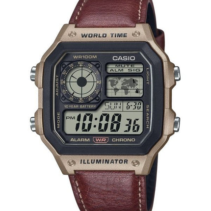 Reloj Casio Standard Digital World Time con correa de cuero de cuarzo AE-1200WHL-5AV 100M para hombre