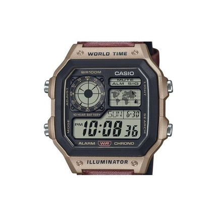 Reloj Casio Standard Digital World Time con correa de cuero de cuarzo AE-1200WHL-5AV 100M para hombre