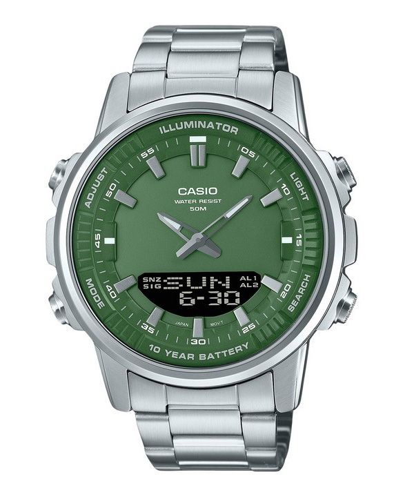 Reloj Casio analógico digital de acero inoxidable con esfera verde de cuarzo AMW-880D-3AV para hombre