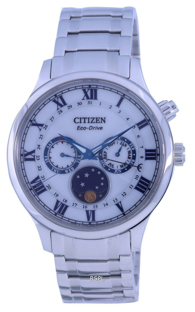 Reloj para hombre Citizen Moon Phase con esfera blanca de acero inoxidable Eco-Drive AP1050-81A