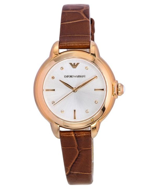 Emporio Armani Mia Correa de cuero marrón Esfera plateada Cuarzo AR11525 Reloj para mujer