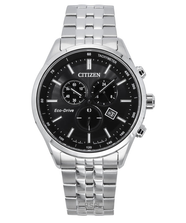 Reloj Citizen Eco-Drive Cronógrafo de acero inoxidable con esfera negra AT2570-56E 100M para hombre