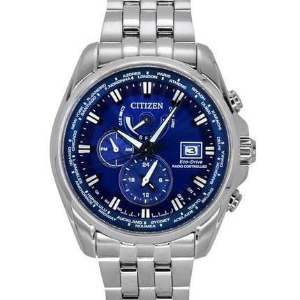 Reloj para hombre Citizen Eco-Drive Calendario perpetuo GMT Cronógrafo Acero inoxidable Esfera azul Diver&#39,s AT9120-89L 200M