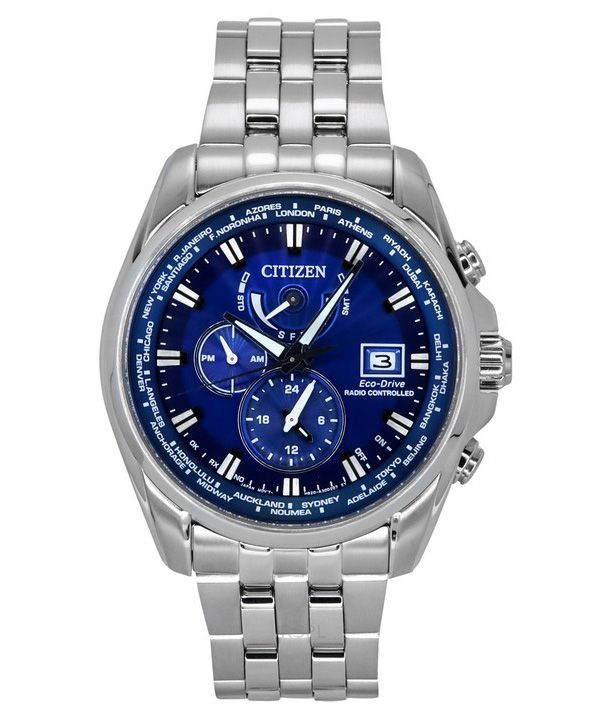 Reloj para hombre Citizen Eco-Drive Calendario perpetuo GMT Cronógrafo Acero inoxidable Esfera azul Diver&#39,s AT9120-89L 200M