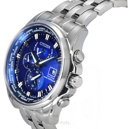 Reloj para hombre Citizen Eco-Drive Calendario perpetuo GMT Cronógrafo Acero inoxidable Esfera azul Diver&#39,s AT9120-89L 200M