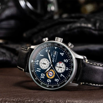 AVI-8 Hawker Hurricane Classic Cronógrafo Medianoche Correa de cuero negro Esfera azul Reloj de cuarzo AV-4011-0I para hombre