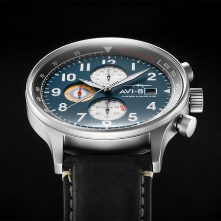 AVI-8 Hawker Hurricane Classic Cronógrafo Medianoche Correa de cuero negro Esfera azul Reloj de cuarzo AV-4011-0I para hombre