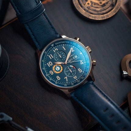 AVI-8 Hawker Hurricane Classic Cronógrafo Regent Correa de cuero azul Esfera azul Reloj de cuarzo AV-4011-0Q para hombre