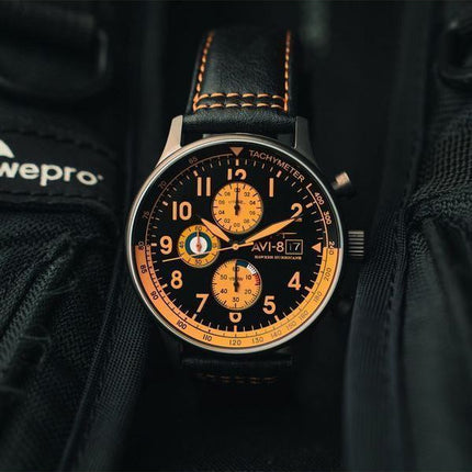 AVI-8 Hawker Hurricane Classic Cronógrafo Noire Correa de cuero Esfera negra AV-4011-0R Reloj para hombre