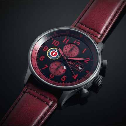 Reloj de cuarzo para hombre AVI-8 Hawker Hurricane Classic Chronograph con correa de piel color rojo sangre y esfera negra AV-40