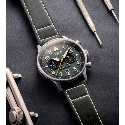 AVI-8 Hawker Hurricane Carey Dual Time Merville Green Dial Cuarzo AV-4088-02 Reloj para hombre