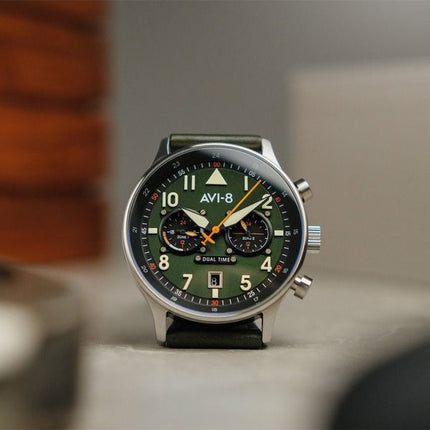 AVI-8 Hawker Hurricane Carey Dual Time Merville Green Dial Cuarzo AV-4088-02 Reloj para hombre