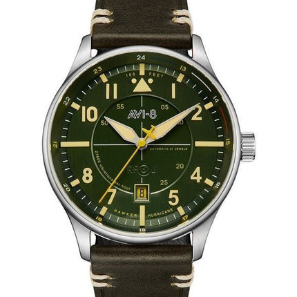 AVI-8 Hawker Hurricane Kent Reloj automático para hombre con correa de cuero Hampshire y esfera verde AV-4094-03