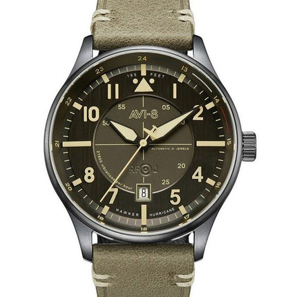 AVI-8 Hawker Hurricane Kent Reloj automático para hombre con correa de cuero Stanton y esfera gris AV-4094-04