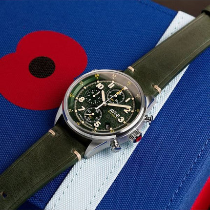 AVI-8 Flyboy Royal British Legion Tri-Service Cronógrafo Edición limitada Líneas Marlborough Esfera verde Cuarzo AV-4102-RBL-03