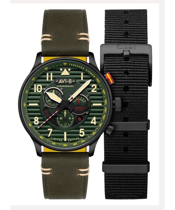 AVI-8 Flyboy Spirit Of Tuskegee Reloj cronógrafo de edición limitada Roberts con esfera verde de cuarzo AV-4109-04 para hombre c