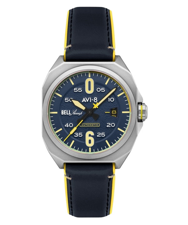 Reloj automático para hombre Bell X-1 Machbuster AVI-8 Catalina con correa de piel azul y esfera azul AV-4115-03