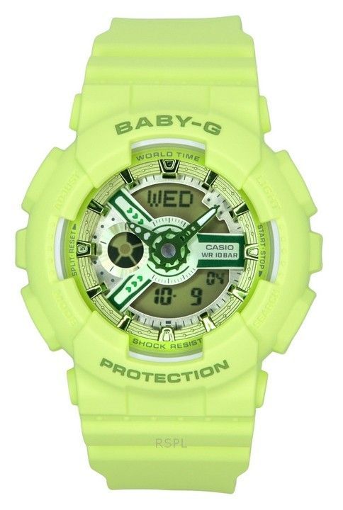 Reloj analógico digital Casio Baby-G con correa de resina verde y esfera verde de cuarzo BA-110YK-3A 100 m para mujer