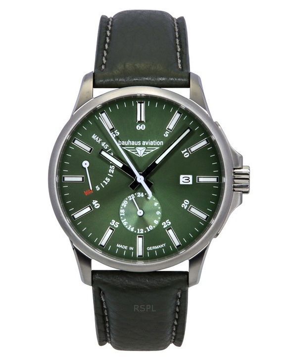 Reloj automático Bauhaus Aviation para hombre, correa de piel verde, esfera verde oscuro, 28604, 100 m