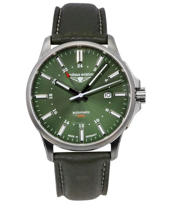 Reloj automático Bauhaus Aviation GMT para hombre, correa de piel verde, esfera verde oscuro, 28684, 100 m