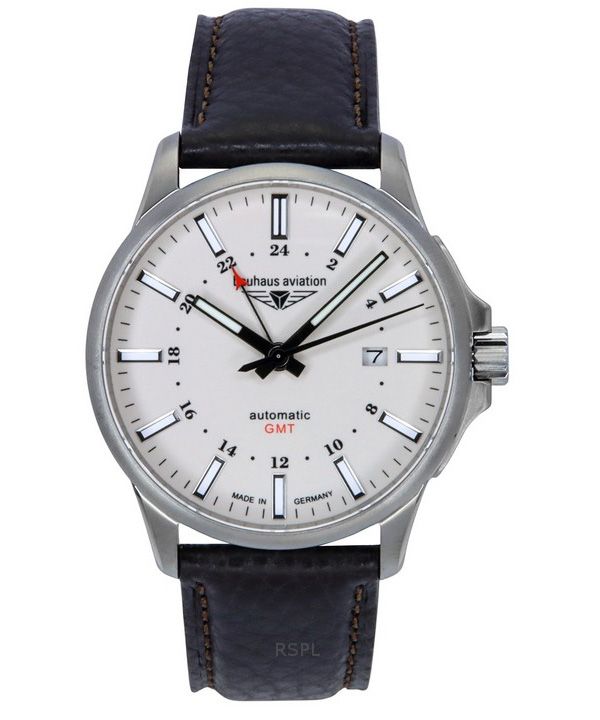 Reloj automático Bauhaus Aviation GMT con correa de cuero y esfera beige luminosa 28685 100M para hombre